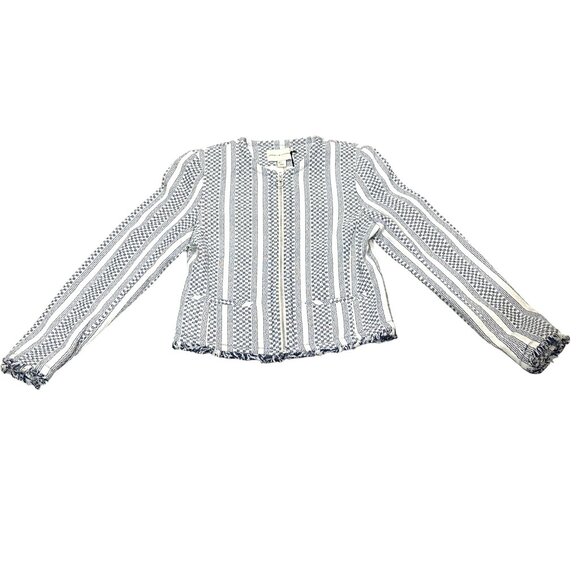 Adrienne Vittadini Small Woven Cotton Fringe Tweed Zip Jacket Blue White New Tag - Picture 16 of 16